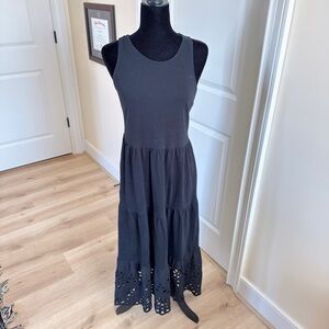 J. Crew Black Sleeveless Tiered Maxi Dress with Laser-Cut Hem